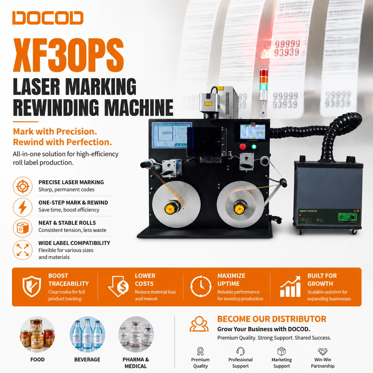 High Precision Laser Marking Rewinding Machine DOCOD XF30PS 50W Fiber Laser Roll Label Rewinder for Self-adhesive Roll Sticker