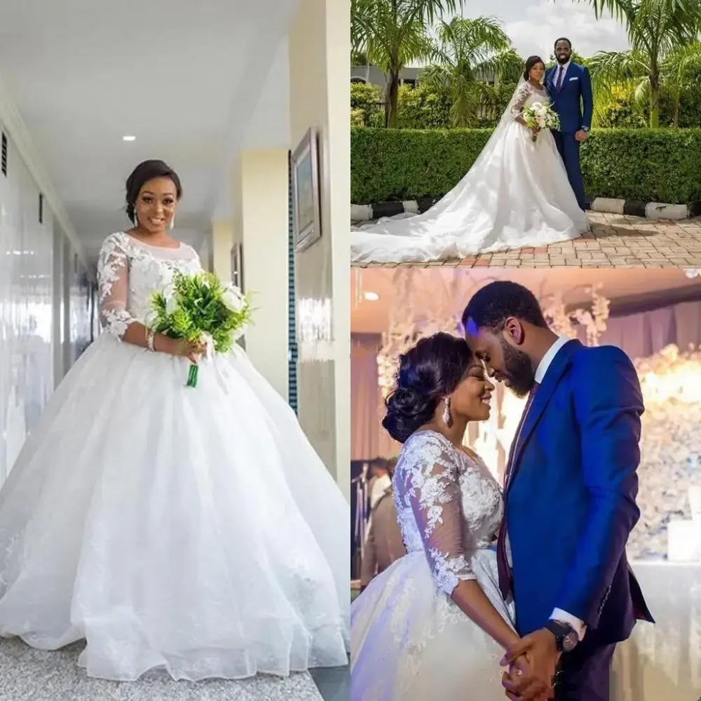 Vestidos de novia africanos personalizados de talla grande, mangas 3/4, Apliques de encaje, vestido de novia árabe del Sur, vestido de novia de cola larga