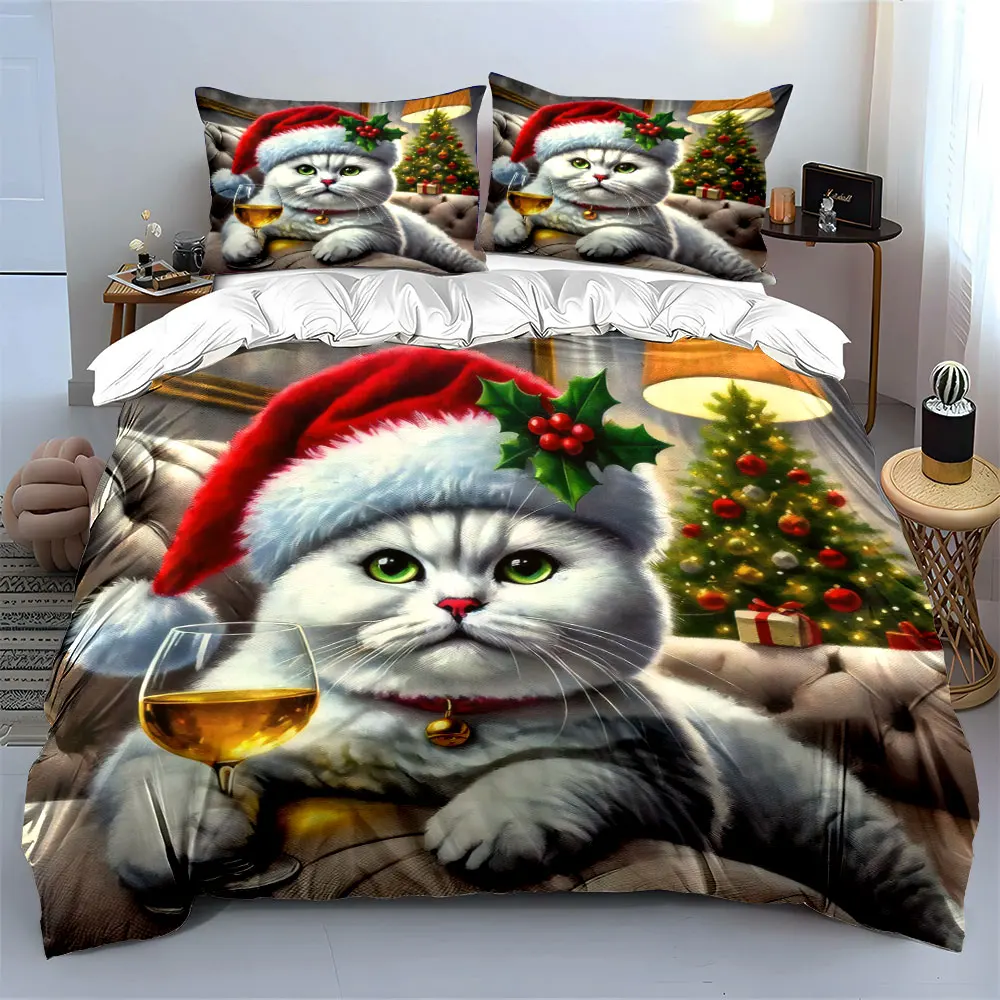 Adorable Cat with Wine in Festive Décor Print Duvet Cover Bedding Set Included 1*Duvet Cover 2*Pillowcases Luxury gifts