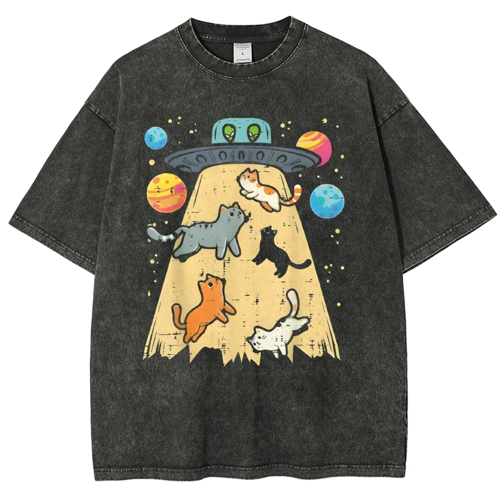 Футболка Kitties And UFO с милым рисунком Wahsed, футболка с круглым вырезом и принтом, высококачественная одежда, летняя верхняя одежда с короткими рукавами