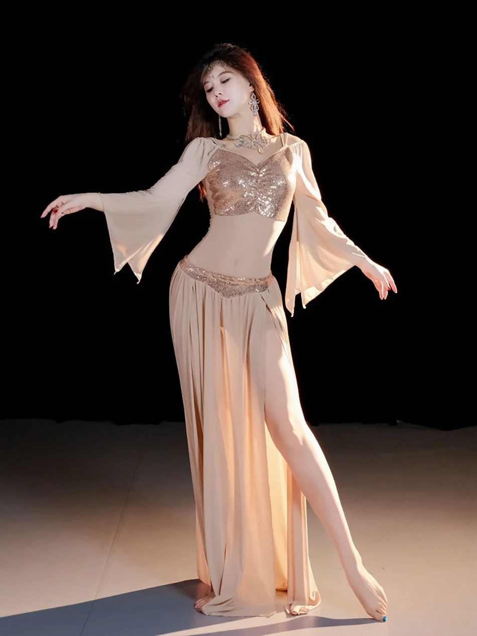 Vêtements de spectacle de danse du ventre, ensemble haut et jupe 2 pièces pour femmes adultes, Costume d'entraînement sur scène, vêtements