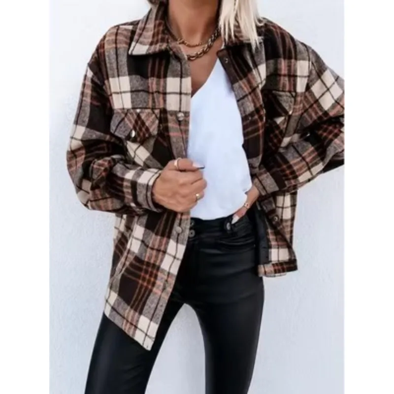 Hot Sales of Autumn and Winter Long-sleeved Plaid Shirt Coat Casual Loose Shirt Women\'s Fashion Pocket Long-sleeved Shirt