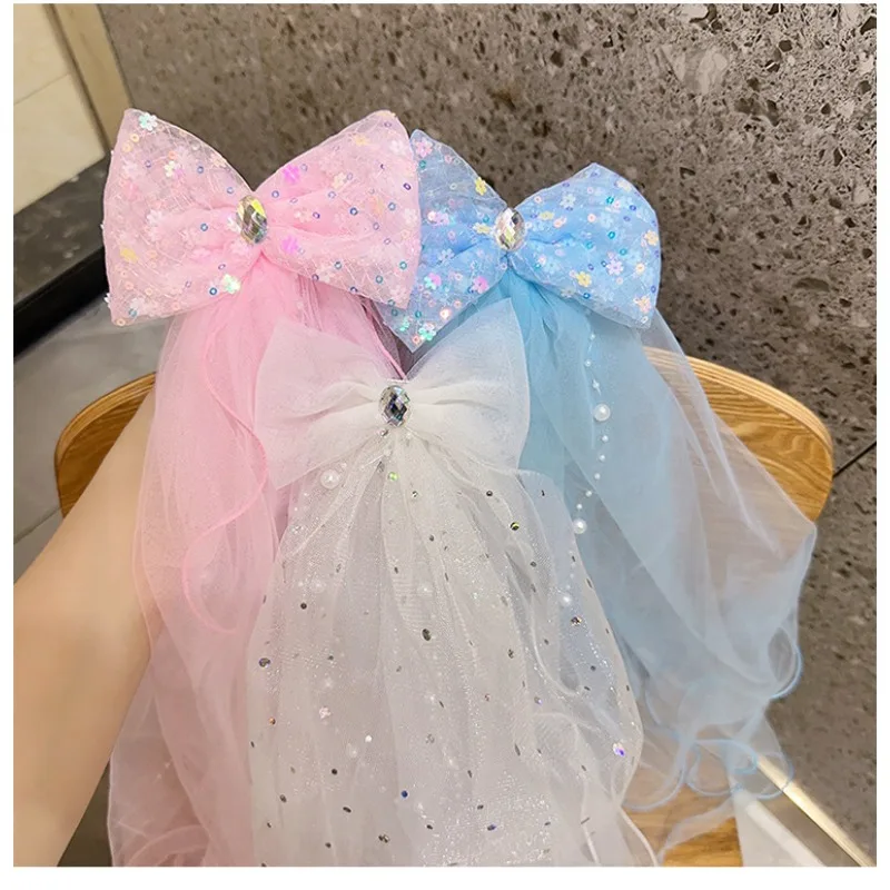 New Elsa Princess Bow Mesh Hair Clip Sequin Bow Cosplay Elsa Queen Tassel Hair Accessories Girl Performance Dressing Kid's Gifts