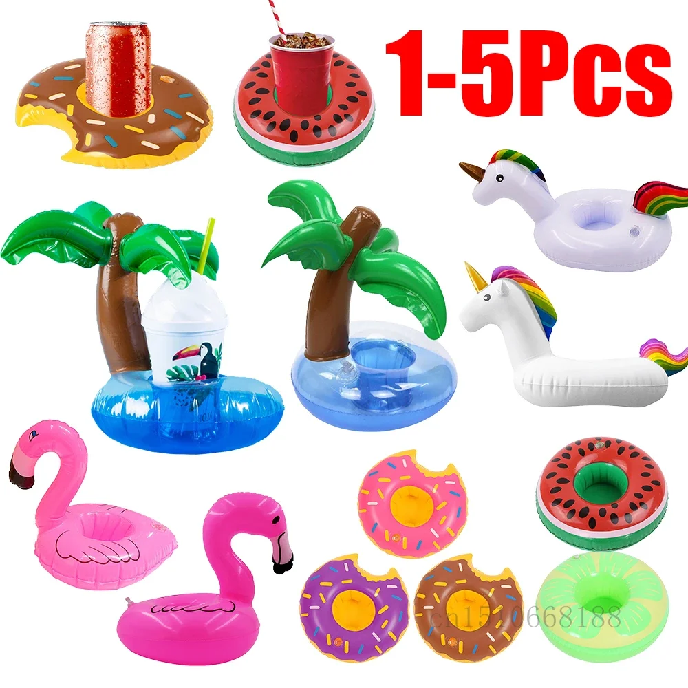 1-5Pcs Floating Cup Inflatable Flamingo Drinks Cup Holder Pool Float Bar Coasters Floatation Devices Pink Toy Drink Holder