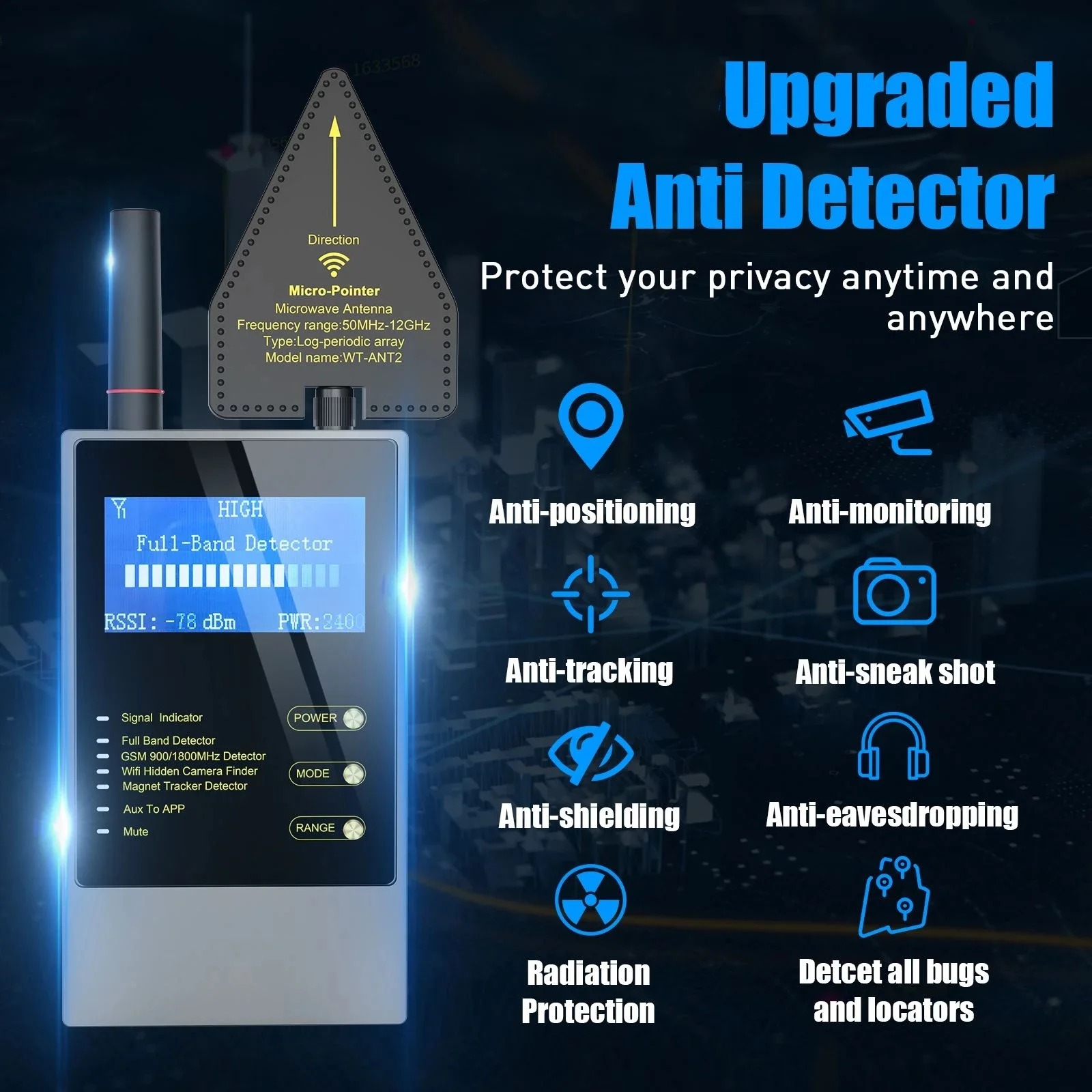 Detector de insectos RF, Detector de señal antiseguimiento, magnético fuerte para Audio inalámbrico, buscador de cámara GPS