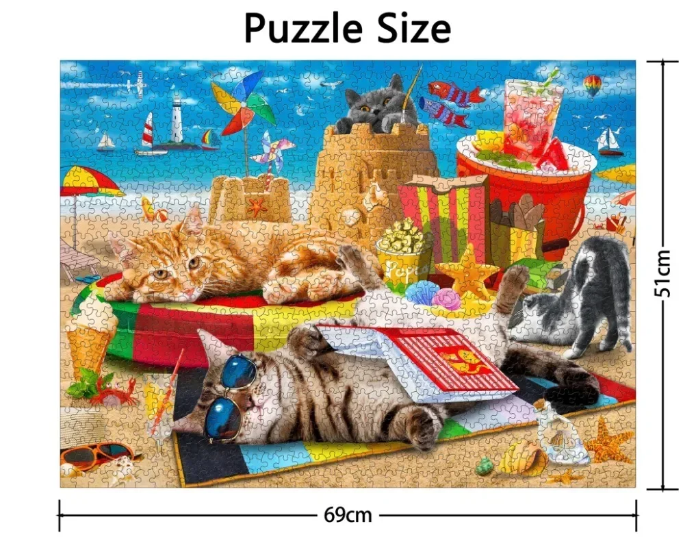 Puzzle para adultos e crianças, férias na praia, pinturas de animais fofos, redução do stress, brinquedos educativos, 1000 peças, 69x51cm