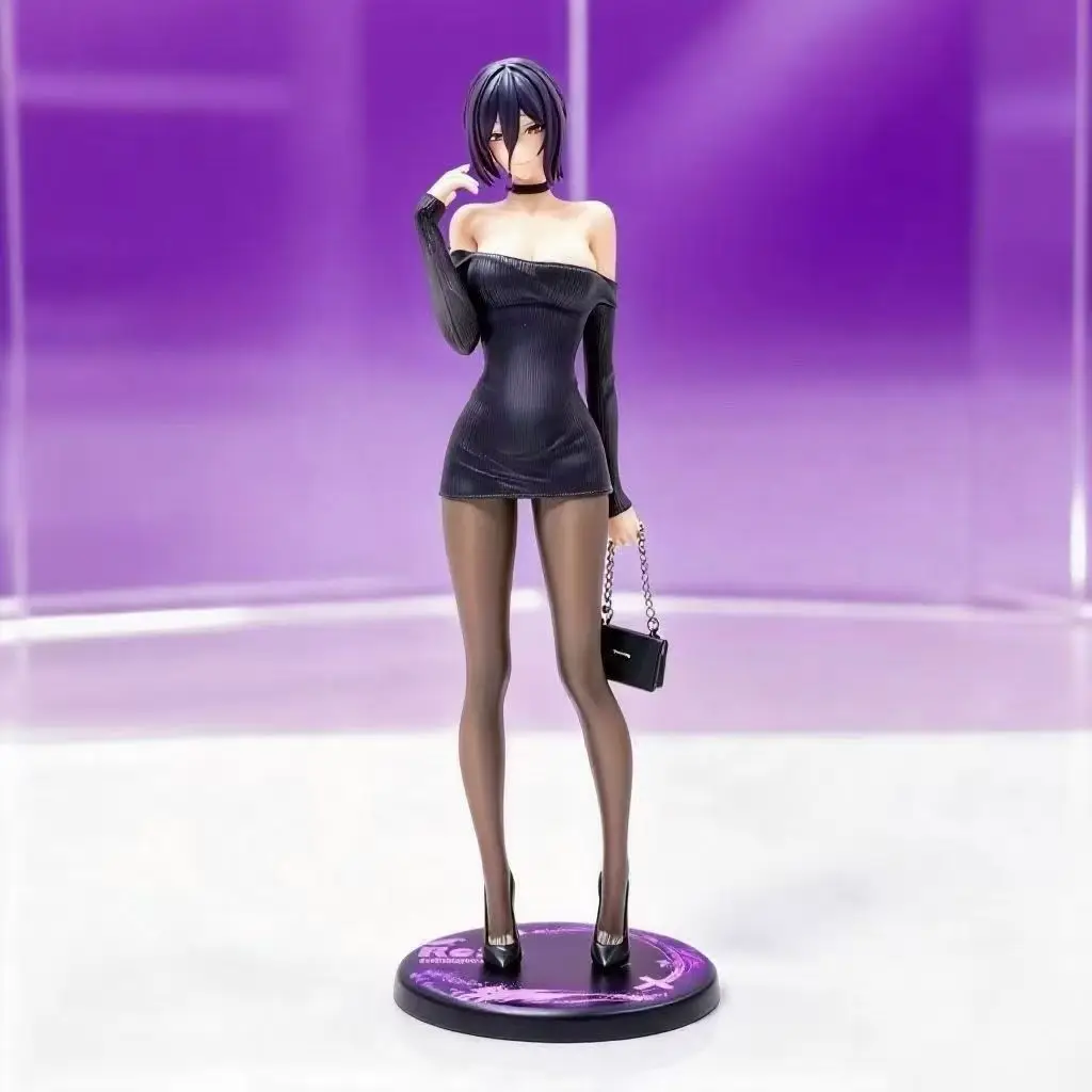Chainsaw Man Reze Figure Black Off Shoulder Knit Dress Anime Girl PVC Action Collectible Model Toy Desktop Decoration Gift