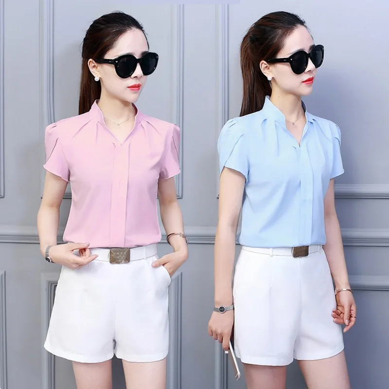 Women Shirt Chiffon Tops Short Sleeve Elegant Ladies Formal Office Lady Blouse