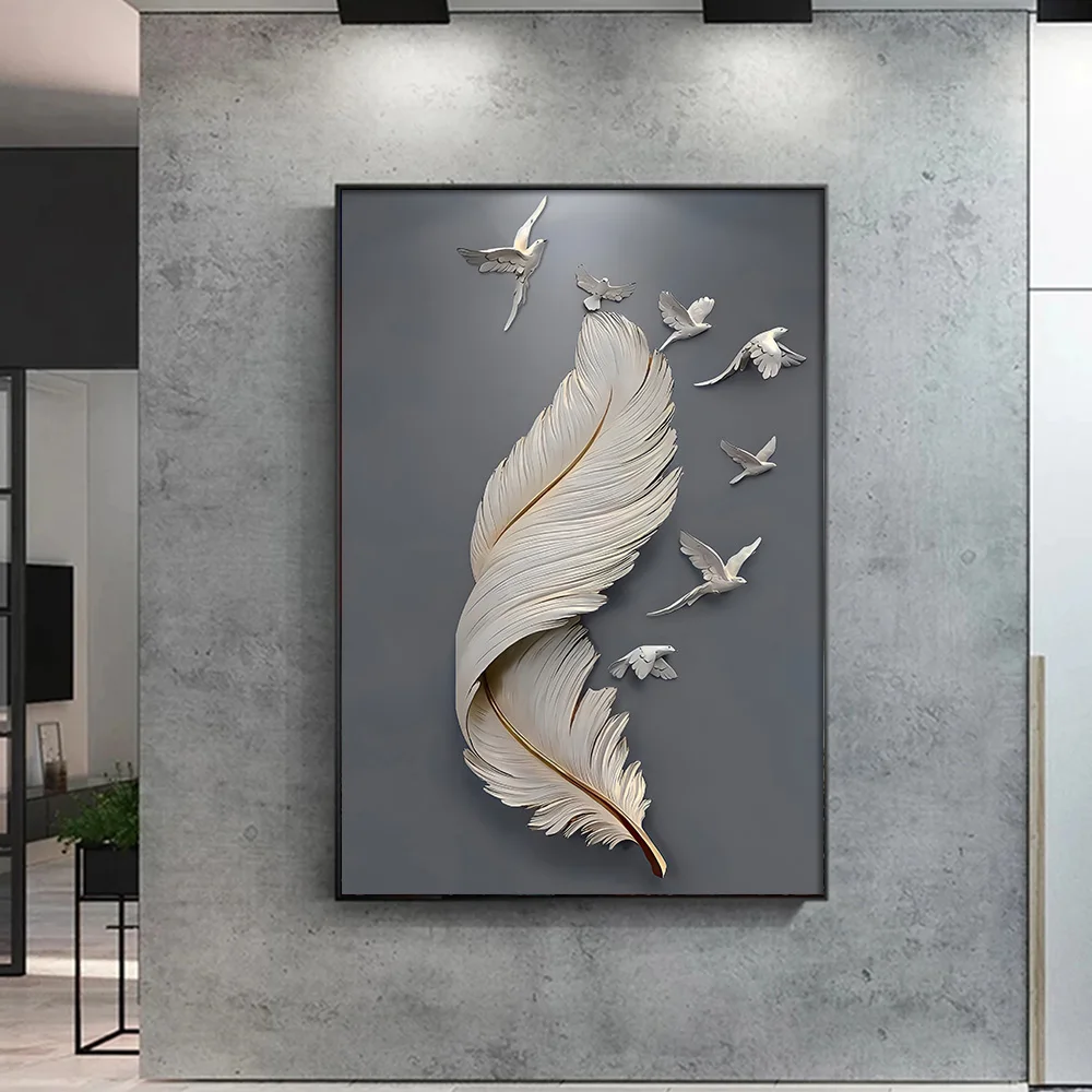 3D Effect Feather Pigeon Canvas Painting Modern Wall Art Poster Print Abstract Minimal Picture for Living Room Home Decor Cuadro