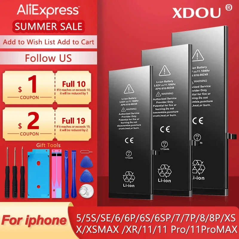 High Capacity Phone Battery For iPhone SE 2 4 5S 6 6s 6p 6sp 7 7p 8 Plus X Xr Xs Max 11 12 13 Pro Battery For With Tools