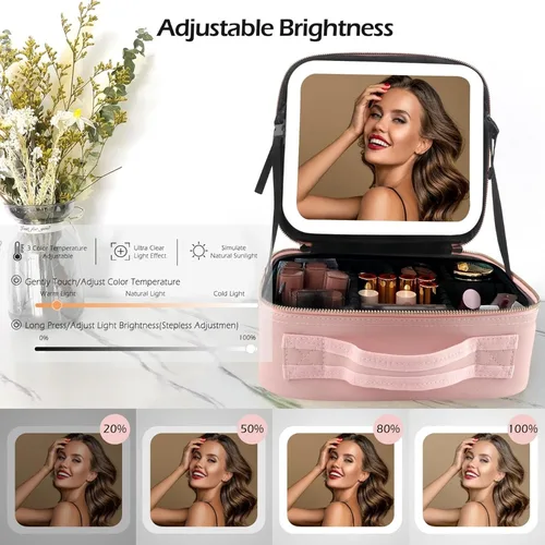 Imagen 2 del producto Bolsa de maquillaje con espejo LED, estuche de tren grande de viaje, organizador de cosméticos, bolsas de maquillaje con 3 luces de colores y divisores ajustables