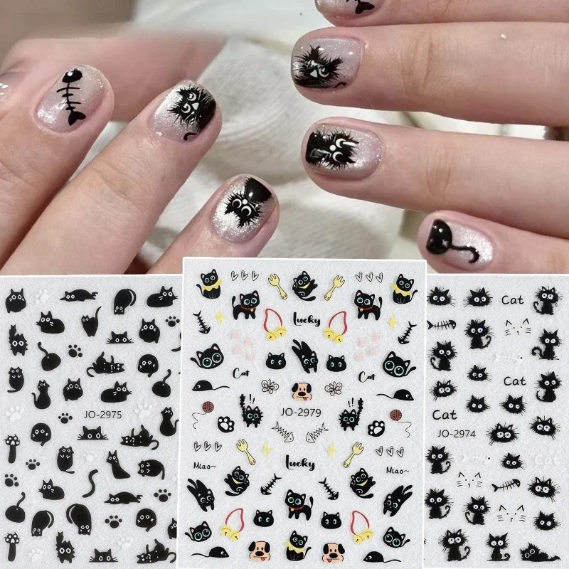 1Sheet Cute Kitten Nail Stickers, Ins Style Graffiti Black‑White Big‑Eye Cat Head Paw Self‑adhesive Decals for DIY Nail Art