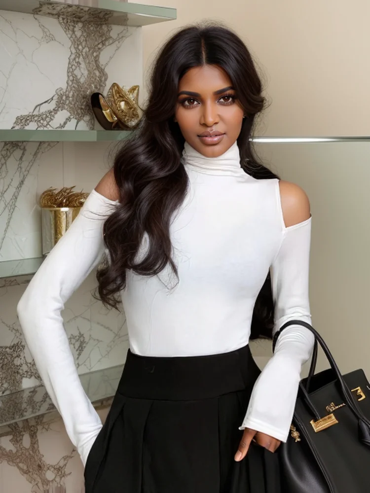 Dolcevita coreano autunno inverno top basic donna sexy spalle scoperte manica lunga in pile spesso maglietta moda nera magliette da donna