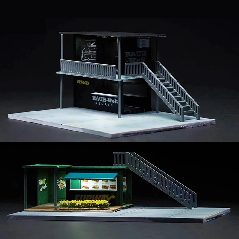 Assemble LED Diorama 1:64 Model Car Parking Lot Station Garage Display Collection - Subway & RWB Double Deck Version