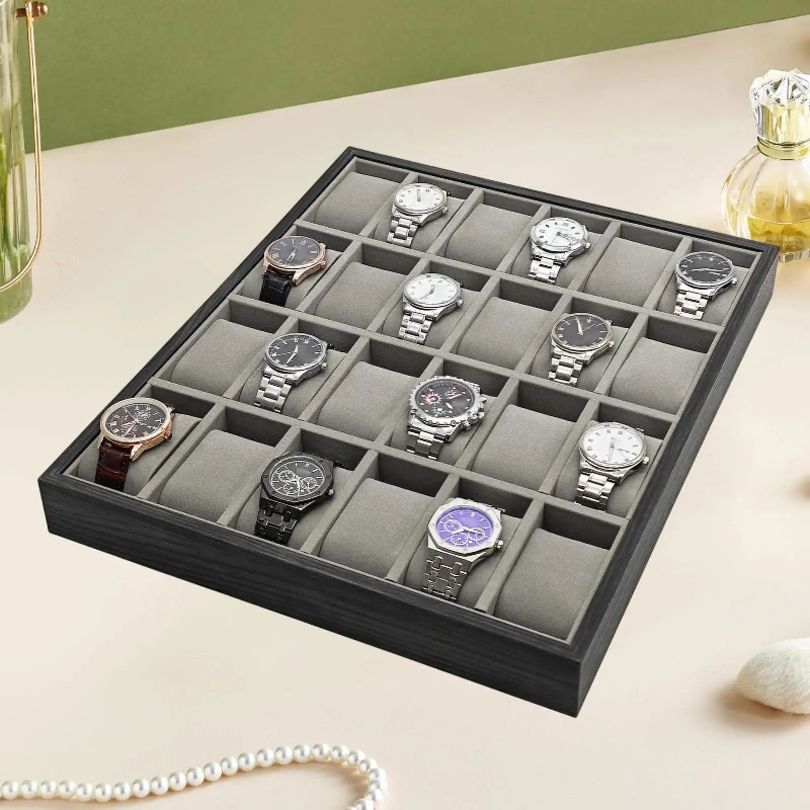 

Wood Watch Display Case with 24 Grid for Men Women Professional Velvet Lined