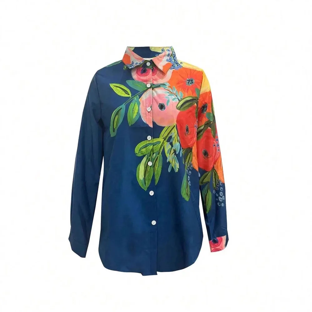 Top floreale da donna taglie forti Stile risvolto casual per la moda europea e americana primaverile e autunnale