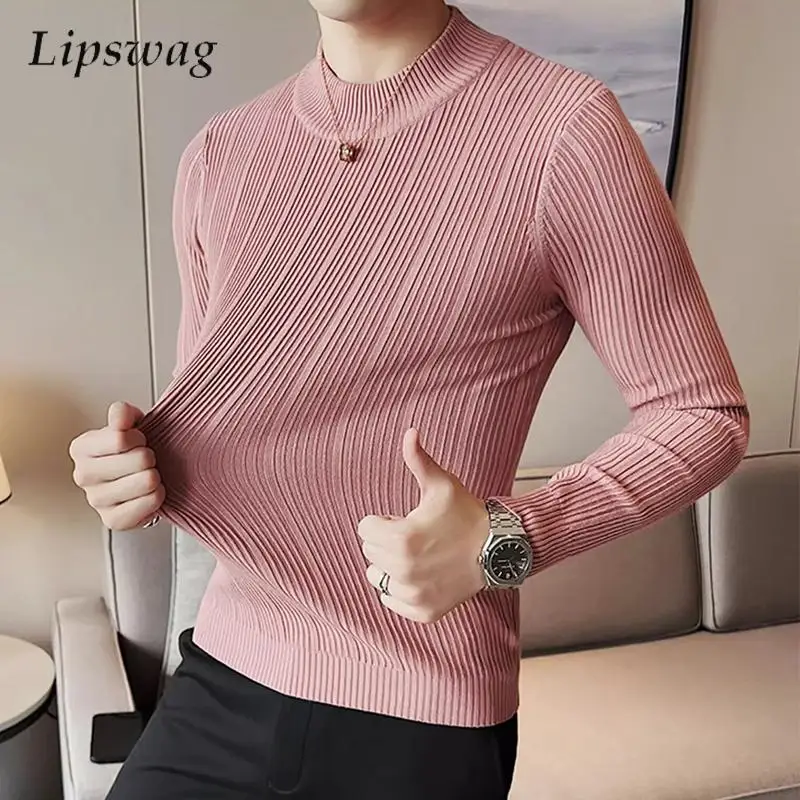 

Стильные полосатые текстурированные свитера мужские весенние повседневные эластичные тонкие вязаные джемперы с воротником-стойкой и длинными рукавами мужские винтажные вязаные свитера