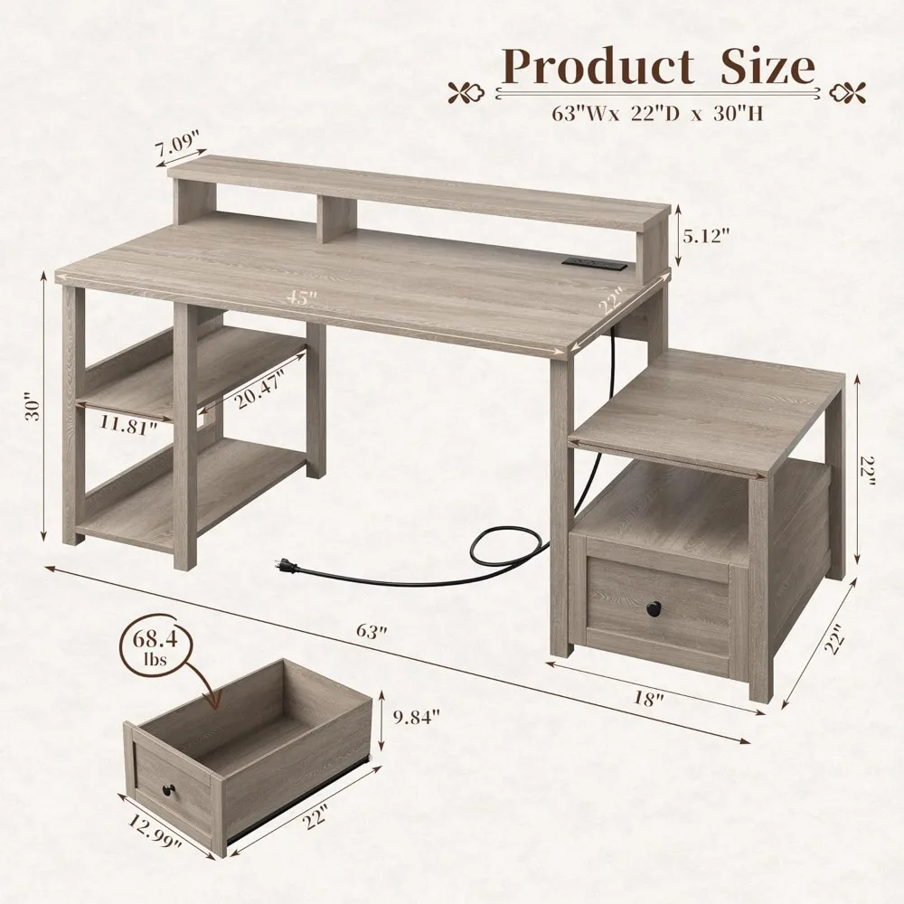 

63" Farmhouse Style Computer Desk with Drawers and LED Lights, Storage Shelves and Power Outlets with Long Monitor Stand
