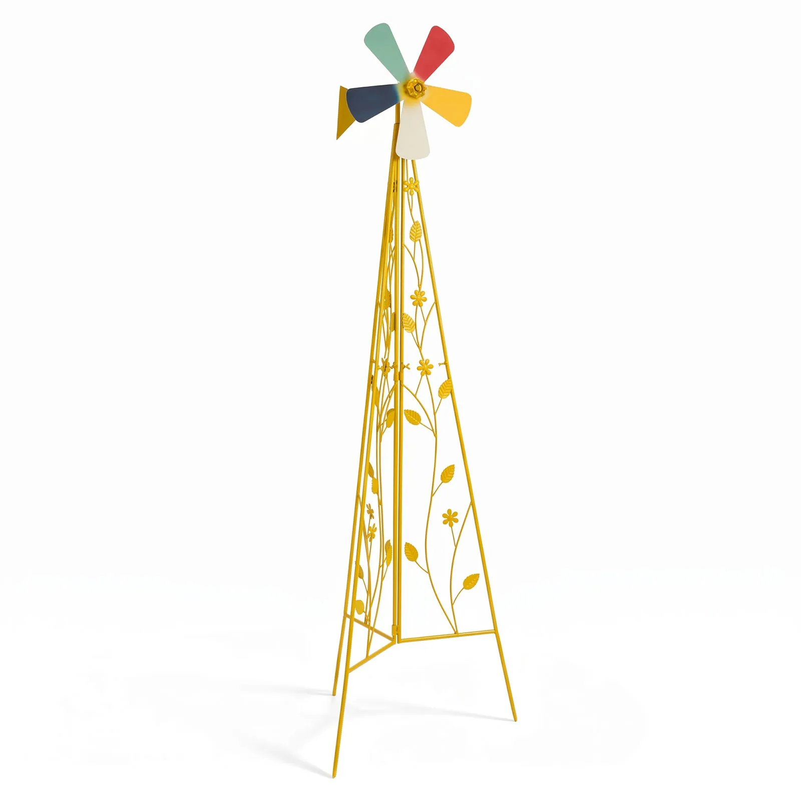 6.2ft Decorative Garden Windmill with Tripod Stand, Colorful 5-Blade Iron Wind Spinner with Floral Pattern Frame, Weatherproof Metal Windmill Ornament for Backyard Lawn Patio Outdoor Decor