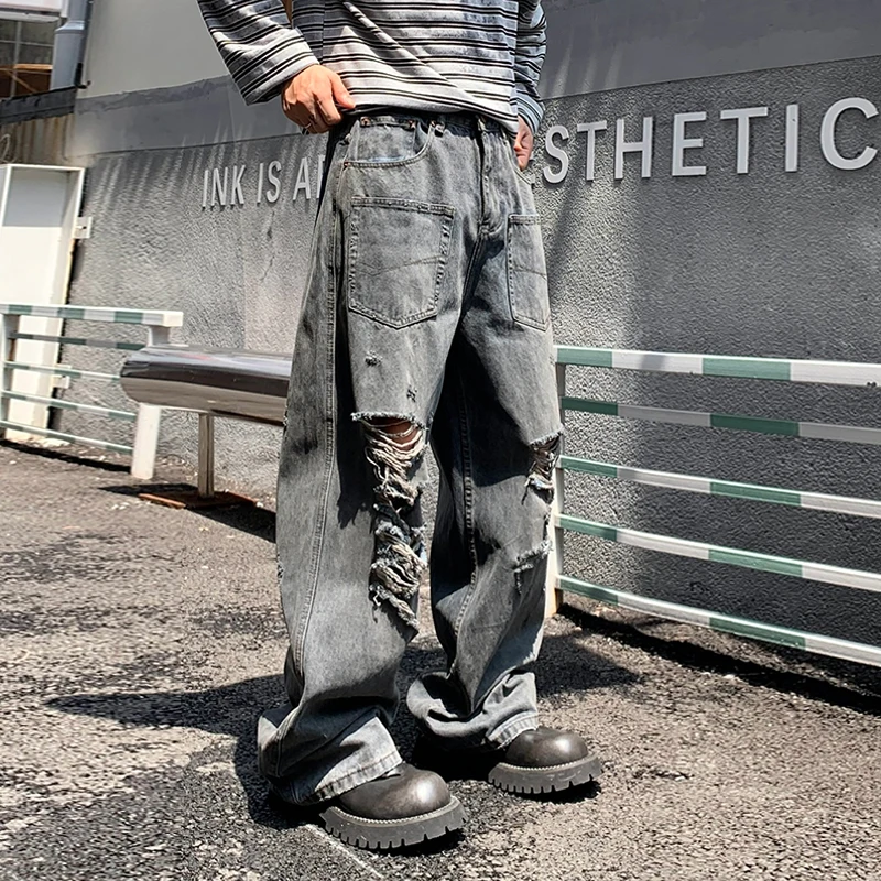 

Broken hole jeans men's 2025 autumn trendy brand washed retro heavy industry American high street loose Y2K pants