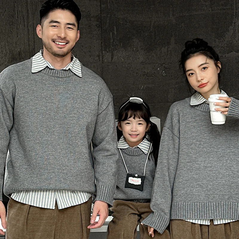 

Winter Family Knit Sweater Grey Thick Warm Parent-Child Couple Matching Outfit Long Sleeve Round Neck Jumper for Mom Dad Kids