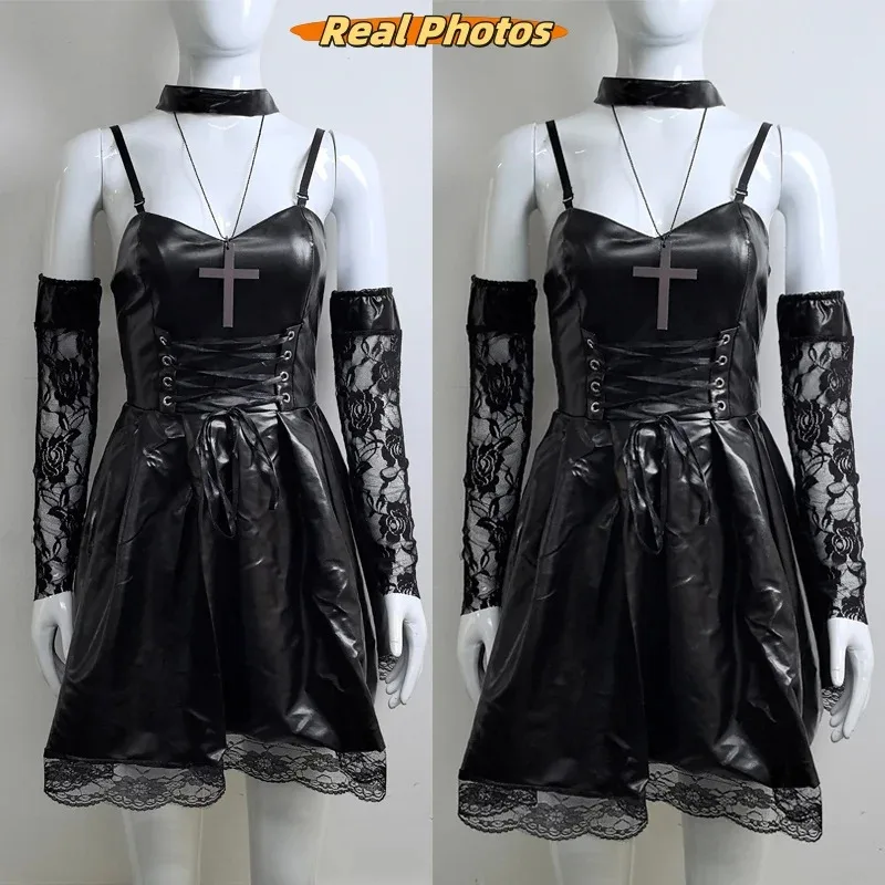 Misa Amane Cosplay Costume Death Note Leather Sexy Dress Outfit with Neck Jewelry Stockings Necklace Uniform Halloween Costume