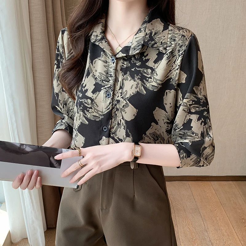 Women Spring Fashion Temperament Loose Printing Polo-Neck Long Sleeve Shirts Women Clothes Casual All-match Appear Thin Tops