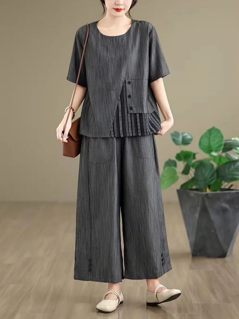 

2026 Summer Outfit Artistic Leisure Set Short Sleeve Striped Splicing T-shirt Elastic Waist Wide Leg Pants 2 Piece Set Trendy J0