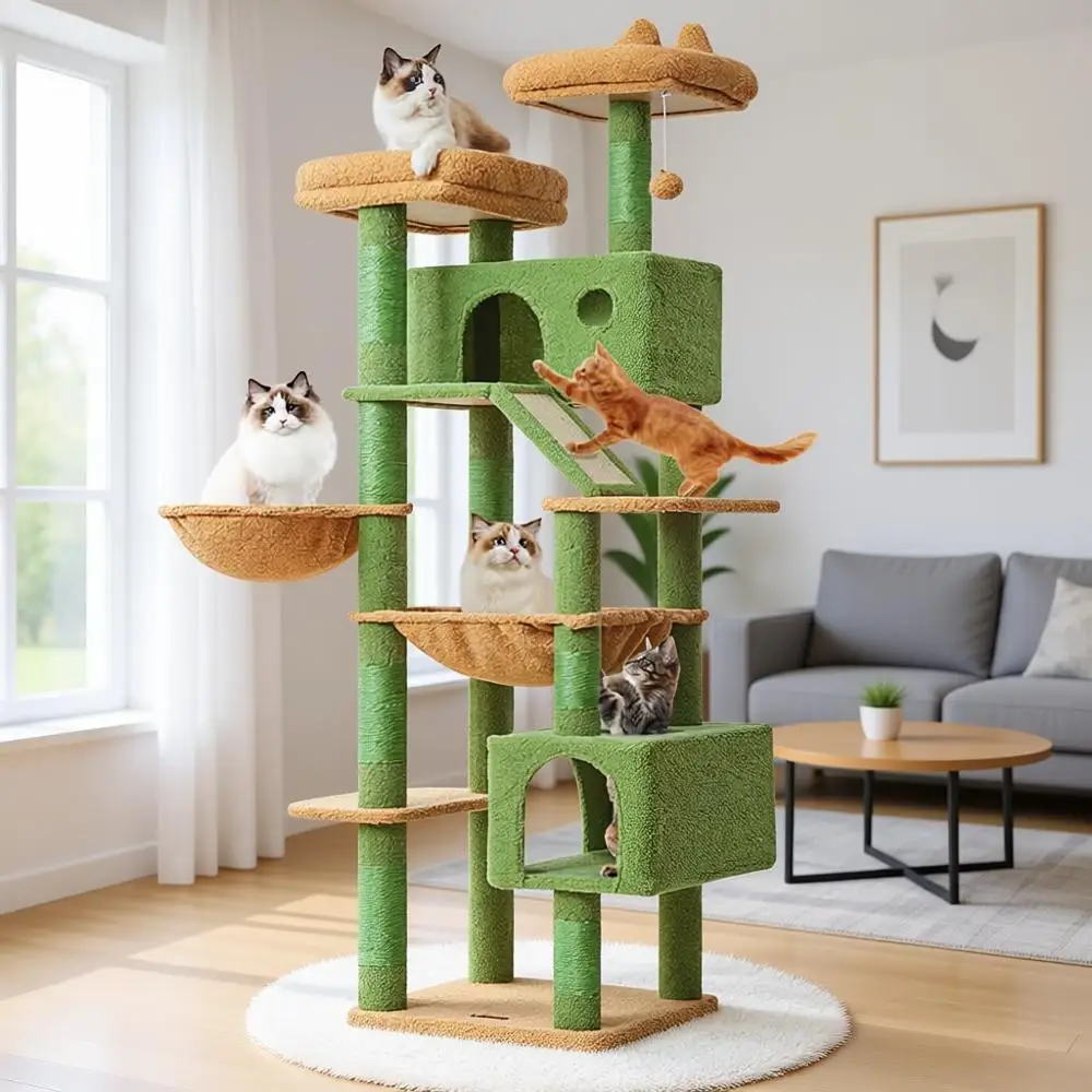 

71-Inch Tower Indoor Large Adult Multi-Level Condo 8 Sisal Scratching Posts Metal Cozy Hammock Scratch Board 2 Top Perches