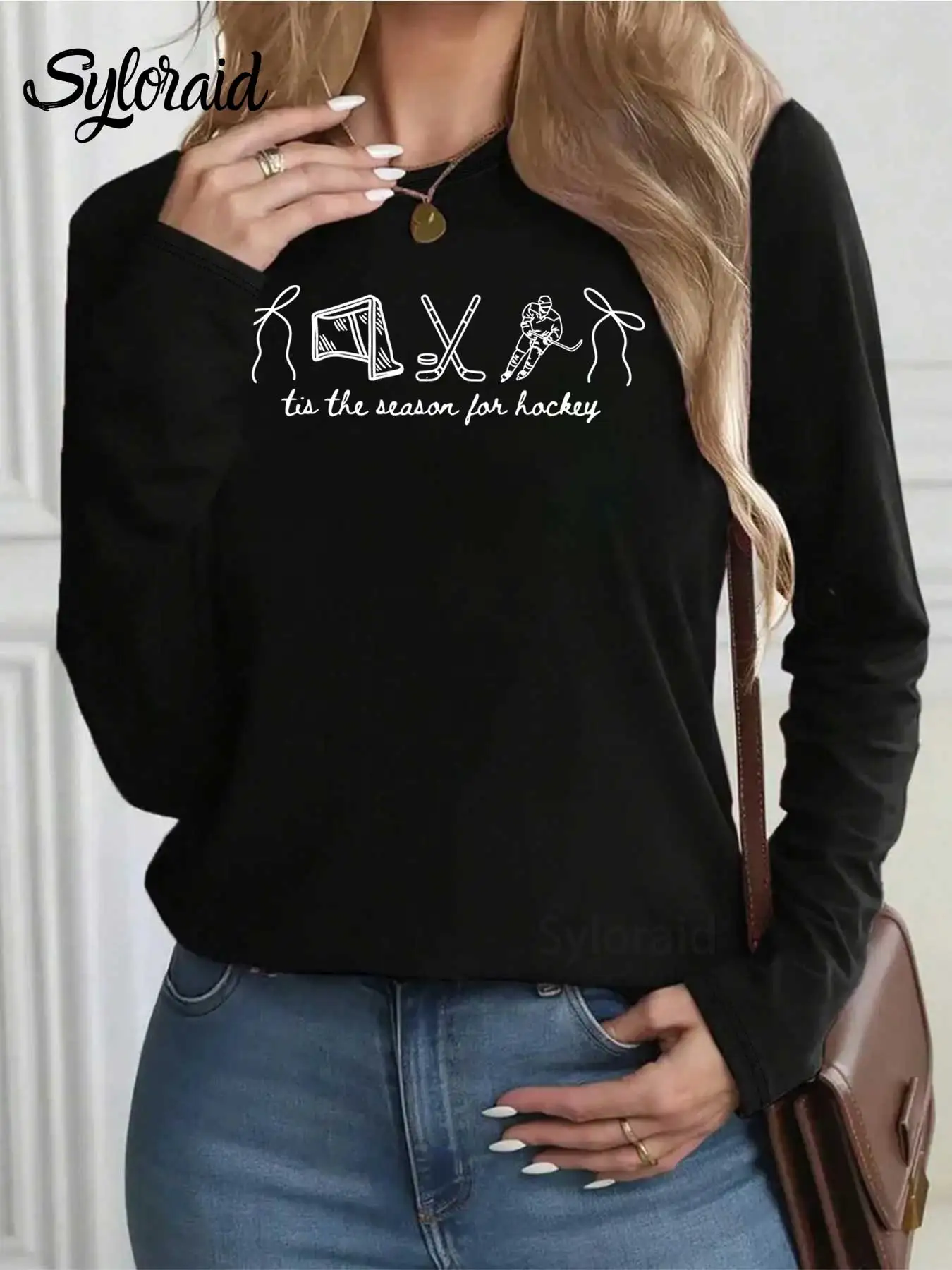 تي شيرت نسائي بأكمام طويلة مطبوع عليه هوكي تي شيرت هوكي أمي لعبة يوم قميص عصري برقبة دائرية كاجوال