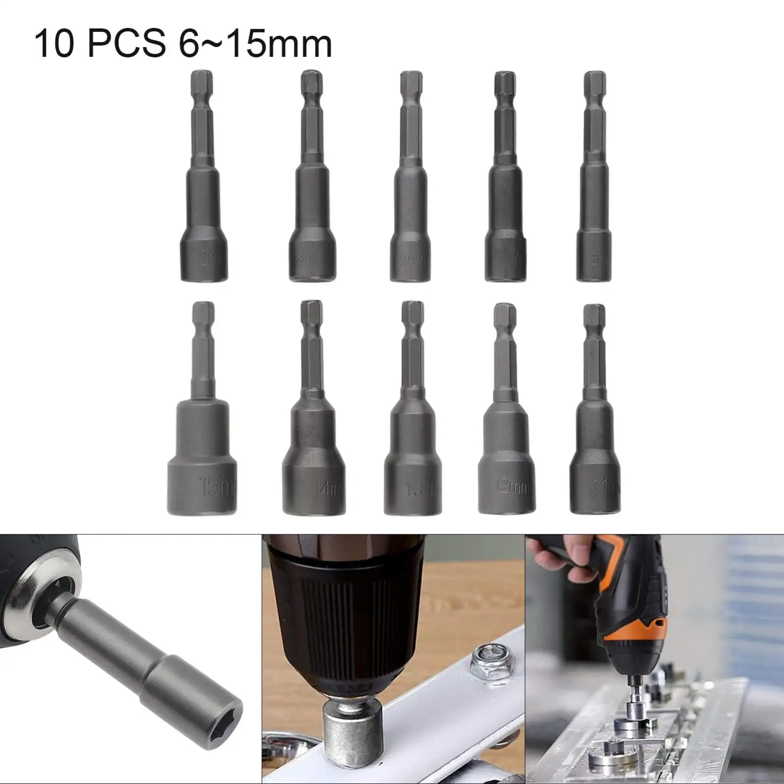 10pcs/set Magnetic Hexagon Sockets 6-15mm 1/4-Inch Hex Shank Nut Setter Driver Drill Bits Set for Electric Screwdriver Tool