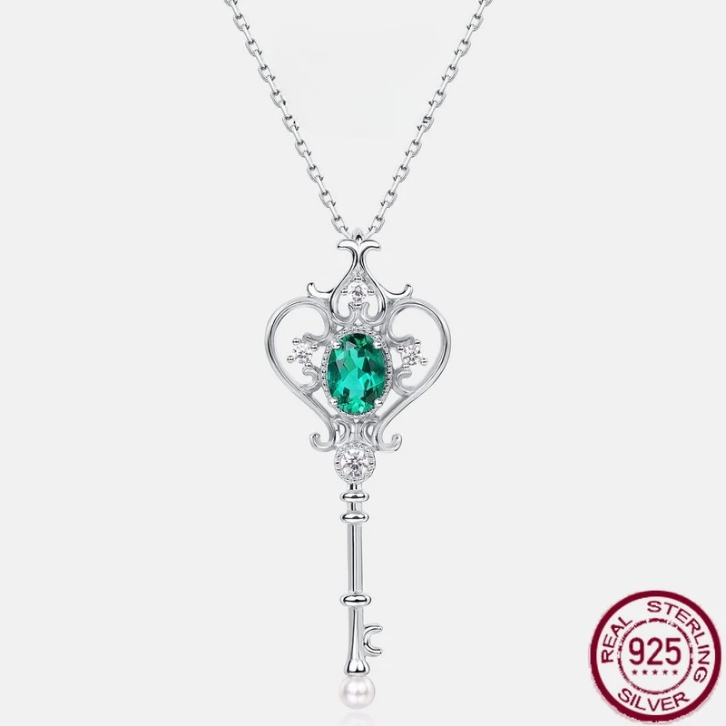 

New S925 pure silver emerald key palace oriole tail flower colorful pendant European and American light luxury wedding jewelry