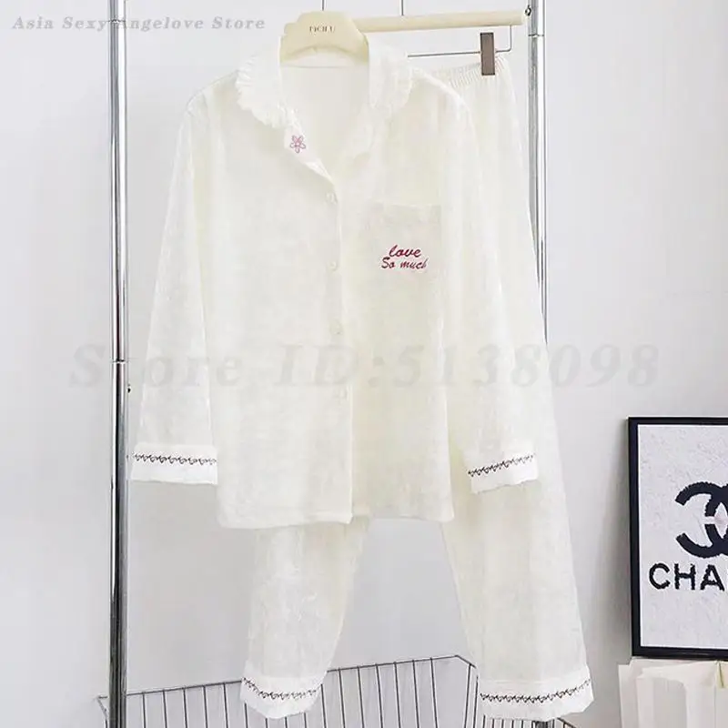 

Autumn Winter Velvet Pajamas Set Home Clothing Women's Warm Velour Sleepwear Long Sleeve Top&Trouser Pijama Mujer Loungewear