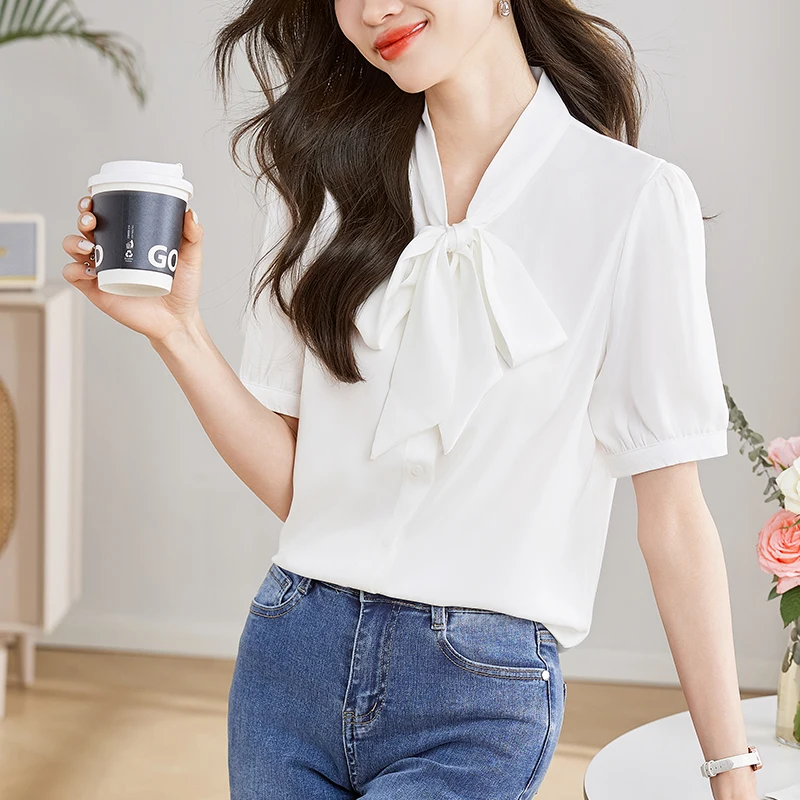 Fashion Short Sleeve Bow Collar Women Shirt Office Lady Casual Shirt Blouse Women Tops  Blusas Mujer De Moda 2024 Verano J424