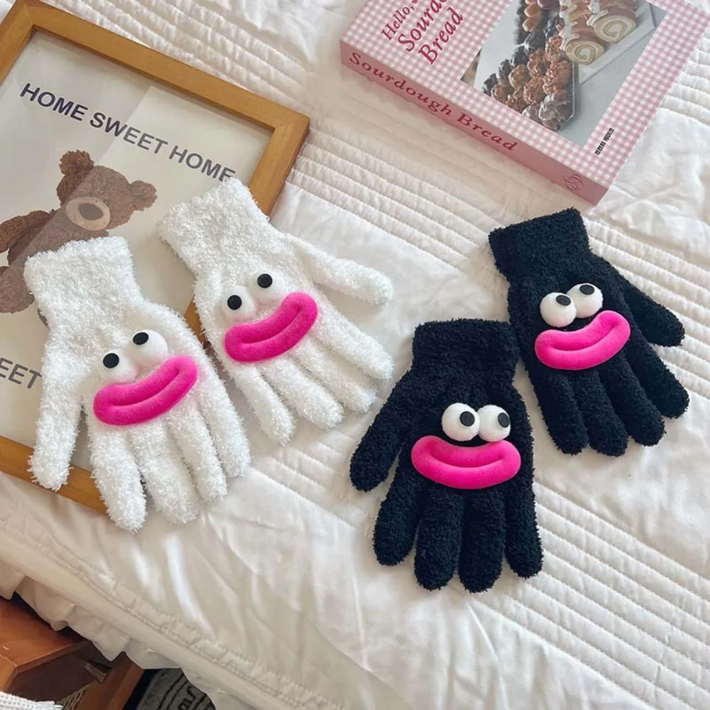 Kawaii Cartoon Finger Gloves Candy Color Funny Big Mouth Gloves Thicken Warm Five-finger Gloves Autumn