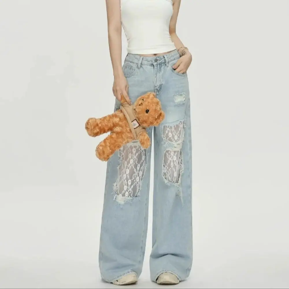 

Lace-stitched holey denim wide-leg pants for women in summer 2025 New style High-waisted Loose-fitting
