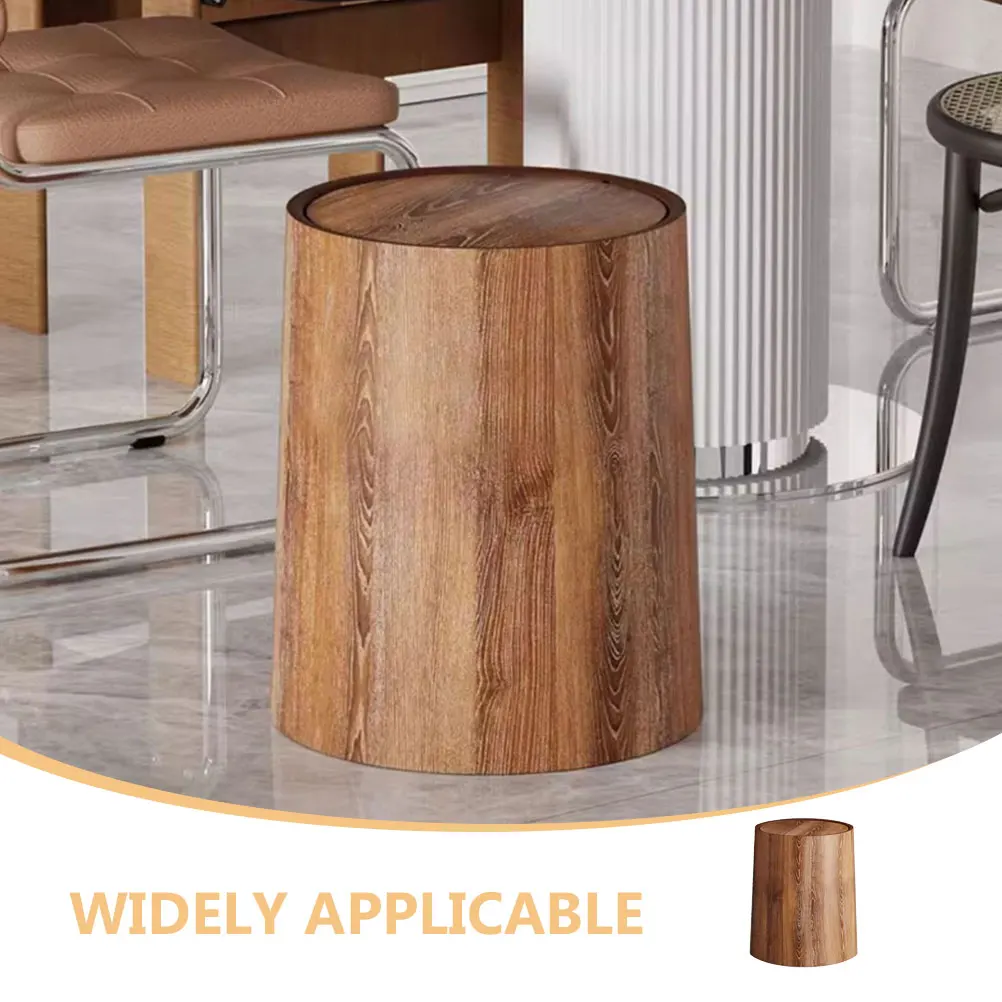 

Imitation Wood Grain Trash Can Swing Lid Round Garbage Bin Lightweight Household Wastebin Kitchen Bathroom Office Use Large