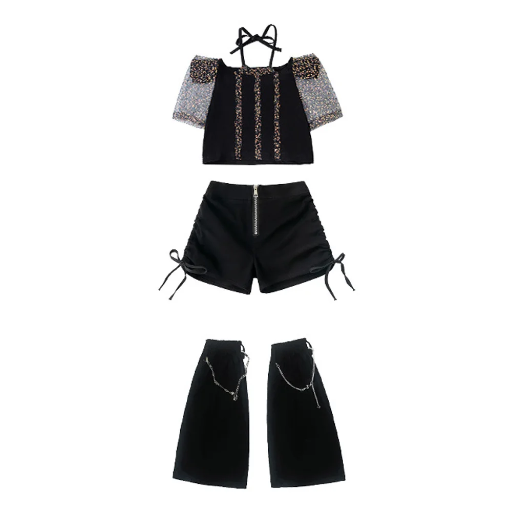 ชุดเสื้อผ้าฮิปฮอปสำหรับเด็กผู้หญิง เสื้อครอปสีดำ กางเกงคาร์โก้ขาสั้น ชุดสตรีทแวร์ปักเลื่อมสไตล์เคป๊อป ชุดแสดงแจ๊สสำหรับเด็กผู้หญิง