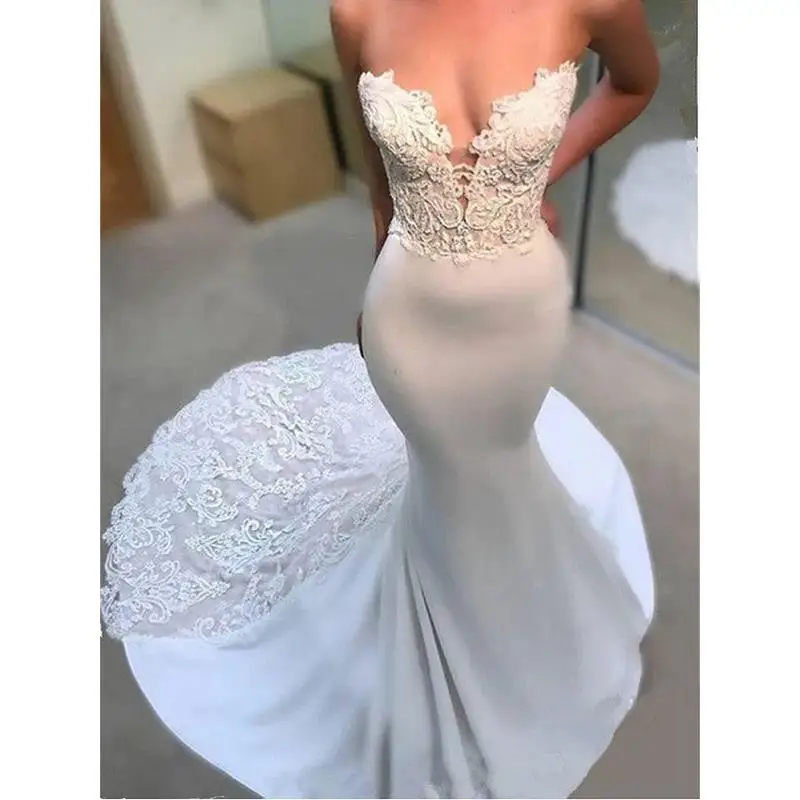 Vestidos de novia de sirena/trompeta, cola de la capilla, hechos a medida, hasta el suelo, crepé, gasa, apliques de encaje, vestidos de novia