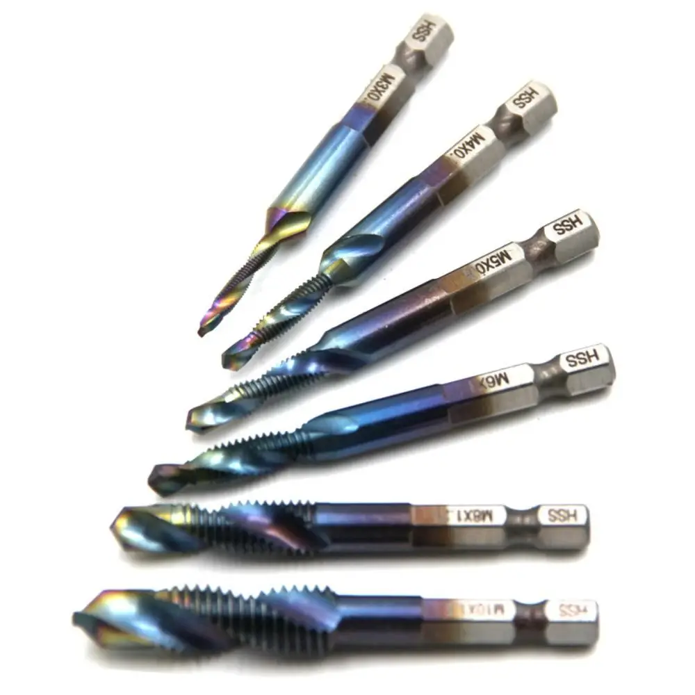 6Pcs Hexagon Shank Blue Composite Tap Drilling and Tapping Plating Blue Chamfering Tapping Non-slip Anti-shock