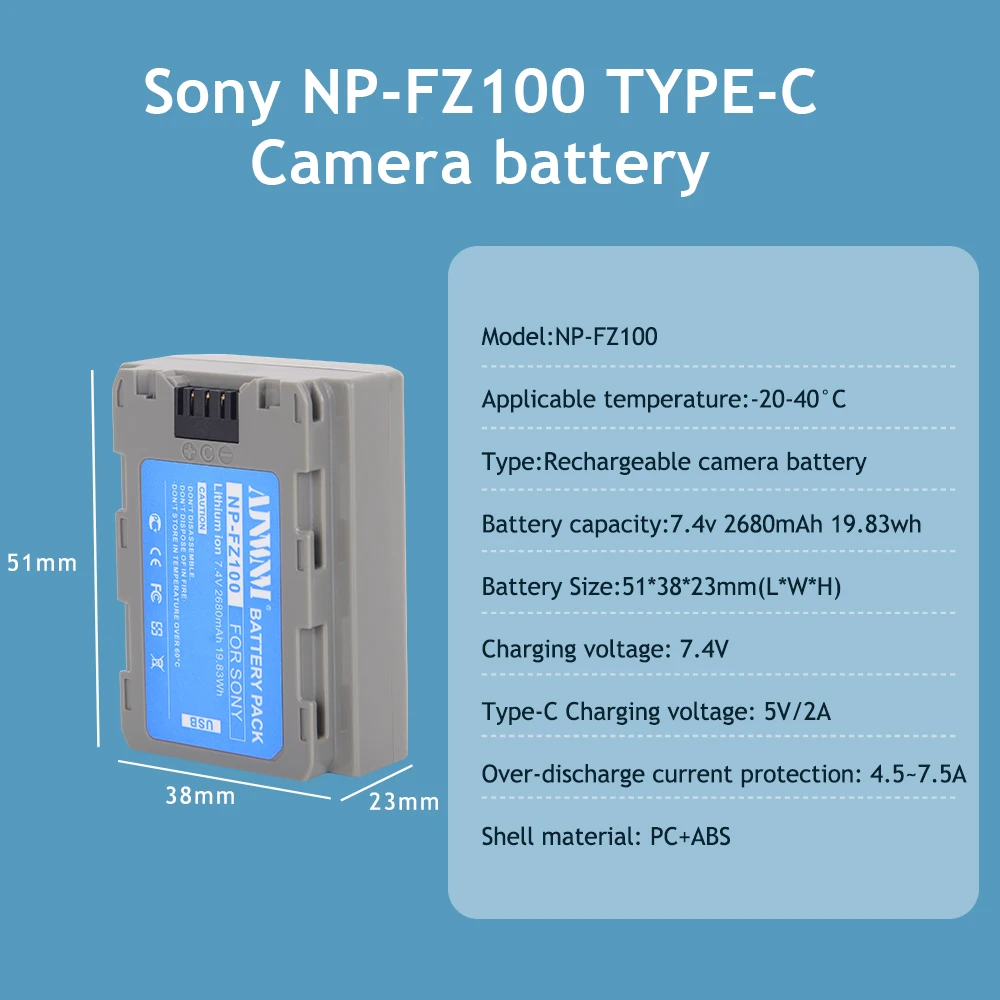 Type-C NP-FZ100 Li-Ion Battery for Sony A1 A9 A6600 A6700 A7R3 A7S3 A7R5 A7C ZV-E1 , A7 IV , A7S III , A7R V Camera FZ100 USB-C