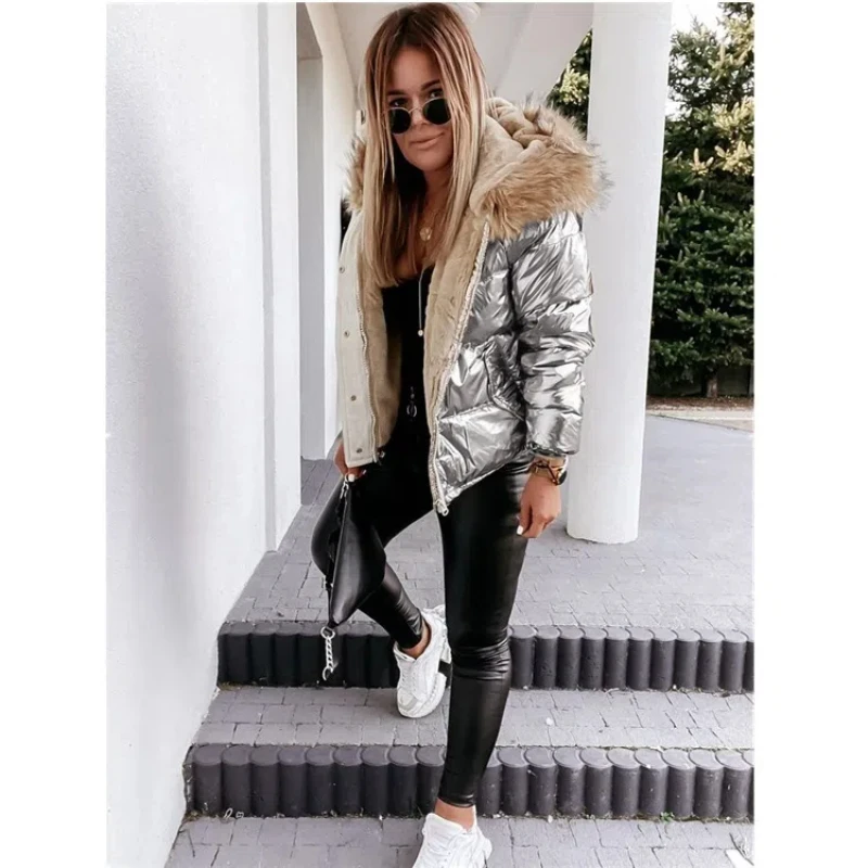 Womens Winter Hooded Loose Fitting Short Cotton Jacket Solid Color Fashionable Warm Zippered Cotton Jacket for Women