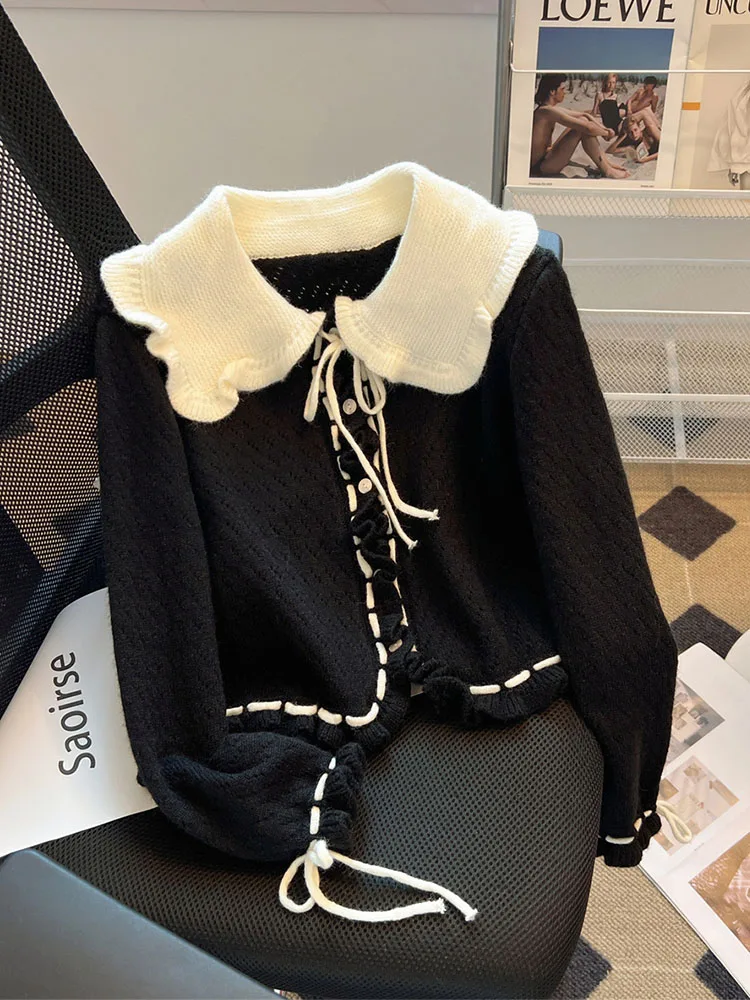 French Elegance Knitted Tops Women Long Sleeve Peter pan Collar Slim Sweater Autumn Winter Solid Lace Up Design Cardigan Trend