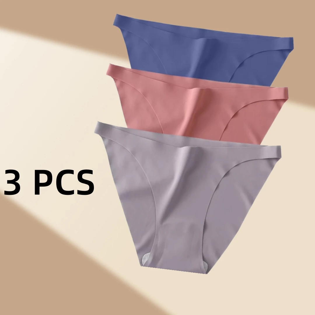 

3 PCS 3-Piece Briefs Panties Underwear Ice Silk Seamless Solid Color Low Waist Breathable Cotton Crotch Thin Women's