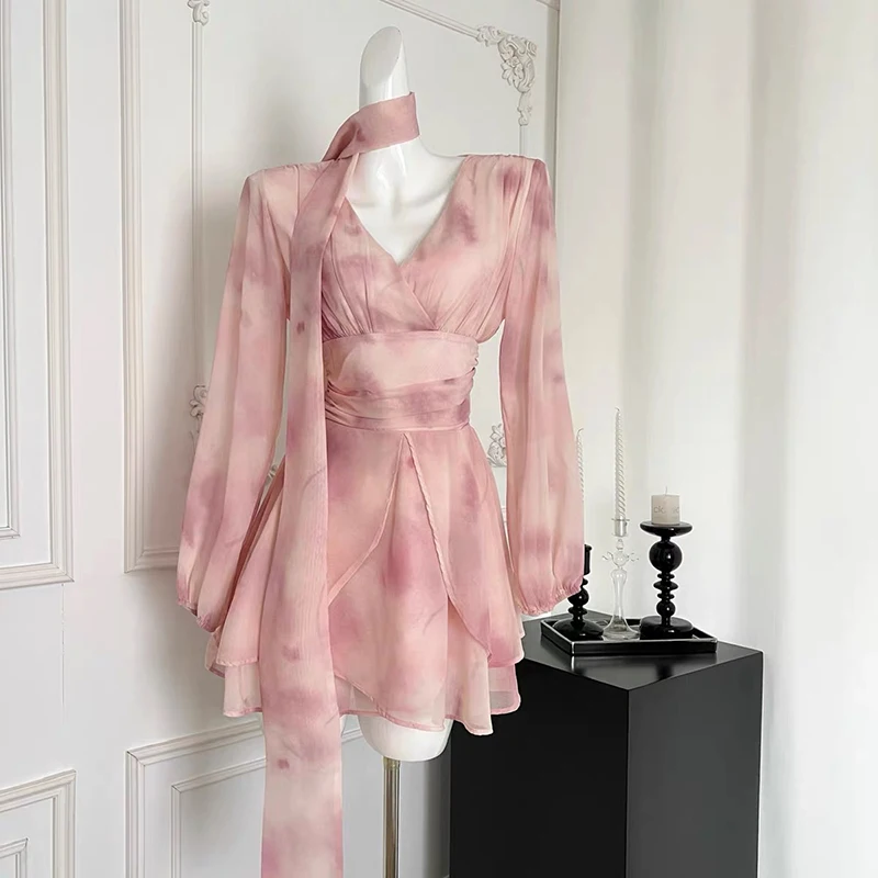 الوردي الحلو المرأة الخامس الرقبة الجنية فستان قصير أنيق أنيق الأزهار طباعة طويلة الأكمام الإناث الصيف جديد حفلة الجمالية فستان من الشيفون #3