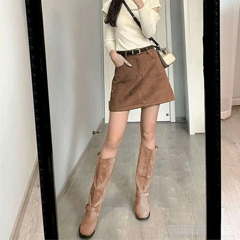 2025 New Fashion Suede Mini Skirts Women Vintage All-Match Streetwear Brown Short Skirt Autumn Winter High Waist A-Line Skirts