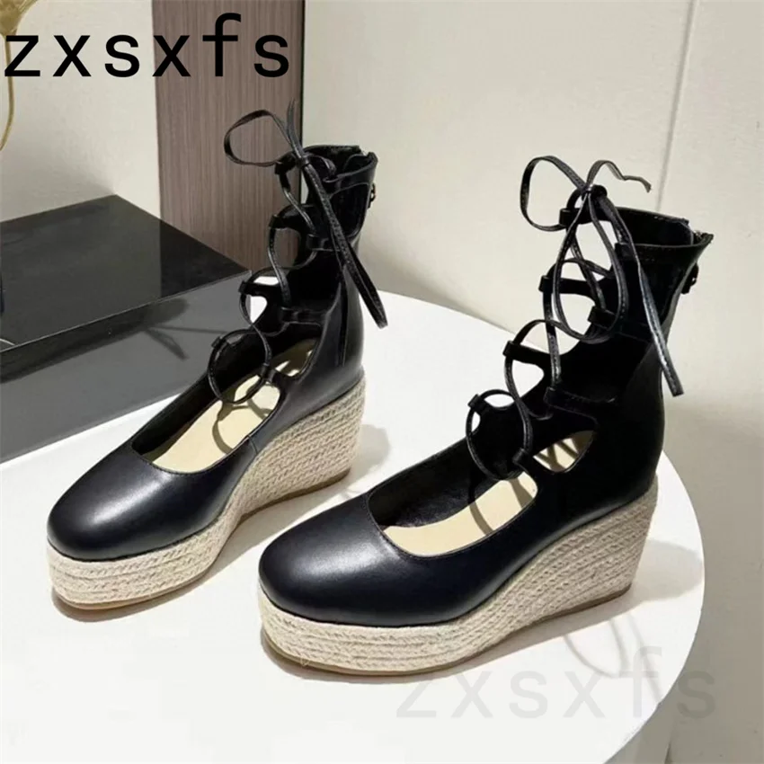 

Black Leather Platform Ankle Boots For Women Wedges Heels Hollow Out Round Toe Autumn High Heel Shoes Woman Designer Short Boots