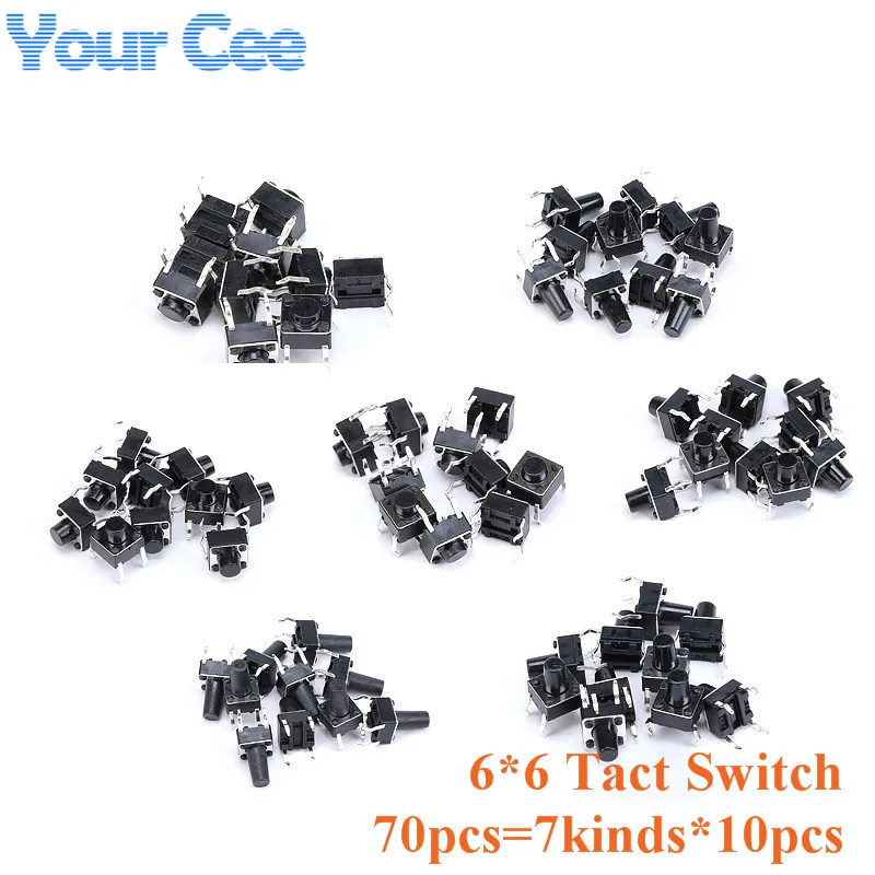 

70pcs=7kinds*10pcs 6*6 Tact Switch Tactile Push Button Switch Kit 6*6*4.3/5/6/7/8/9/10 SMD Assortment Diy Component Kit