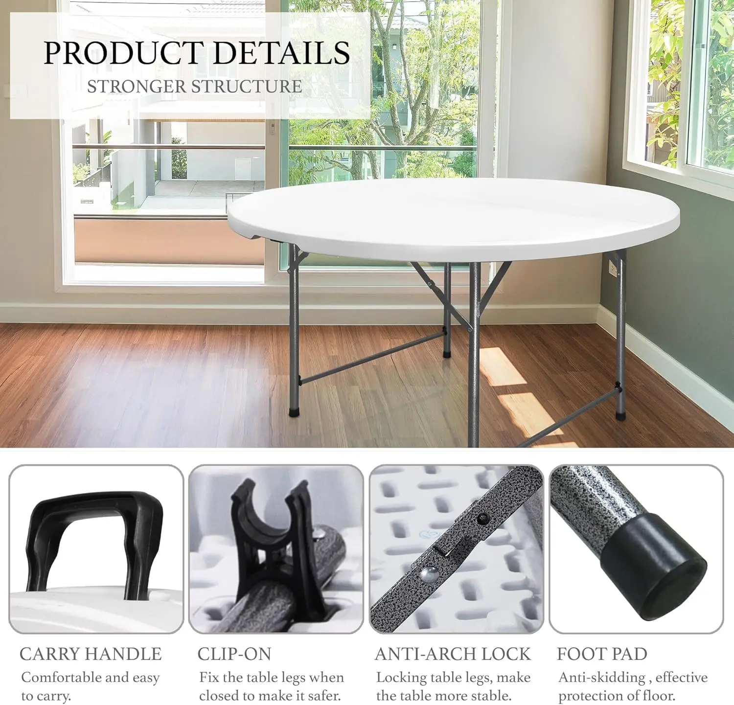 Portable Folding Round Card Table 4 Feet, Heavy Duty Plastic, Half Foldable, with Carry Handle - Ideal for Indoor and Outdoor Us