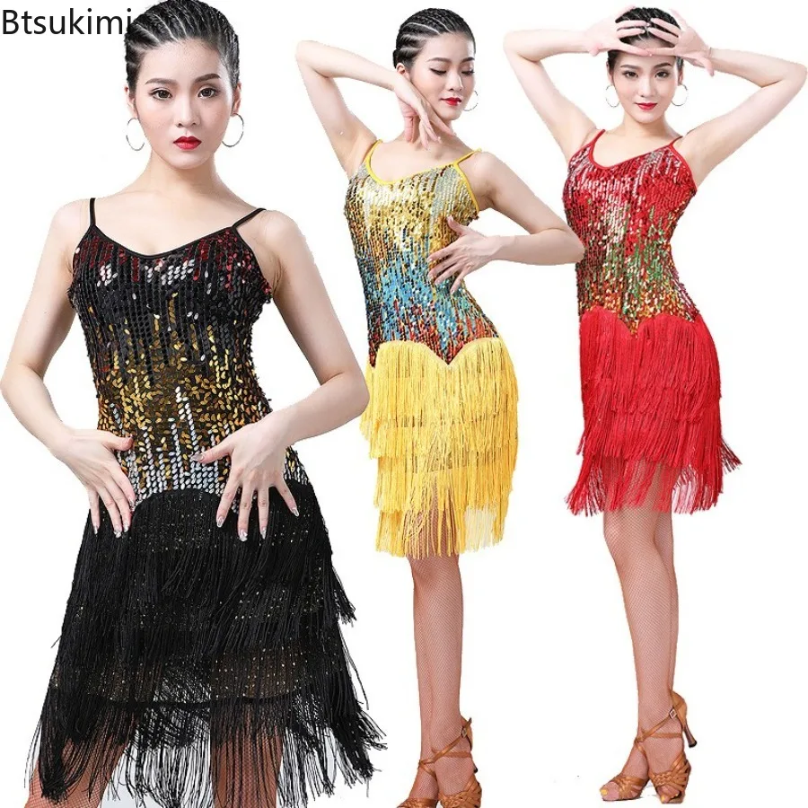 

Новое женское платье для латинских танцев с кисточками, платье с пайетками на бретельках, костюм для латинских танцев, сценический костюм, костюм для соревнований, командный костюм